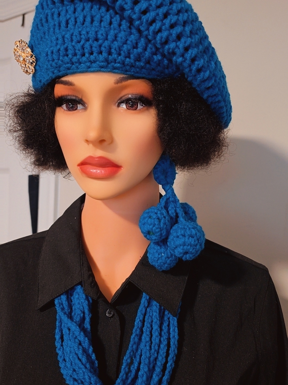 Handmade Crocheted Blue Beret with Pom-Pom Tassels